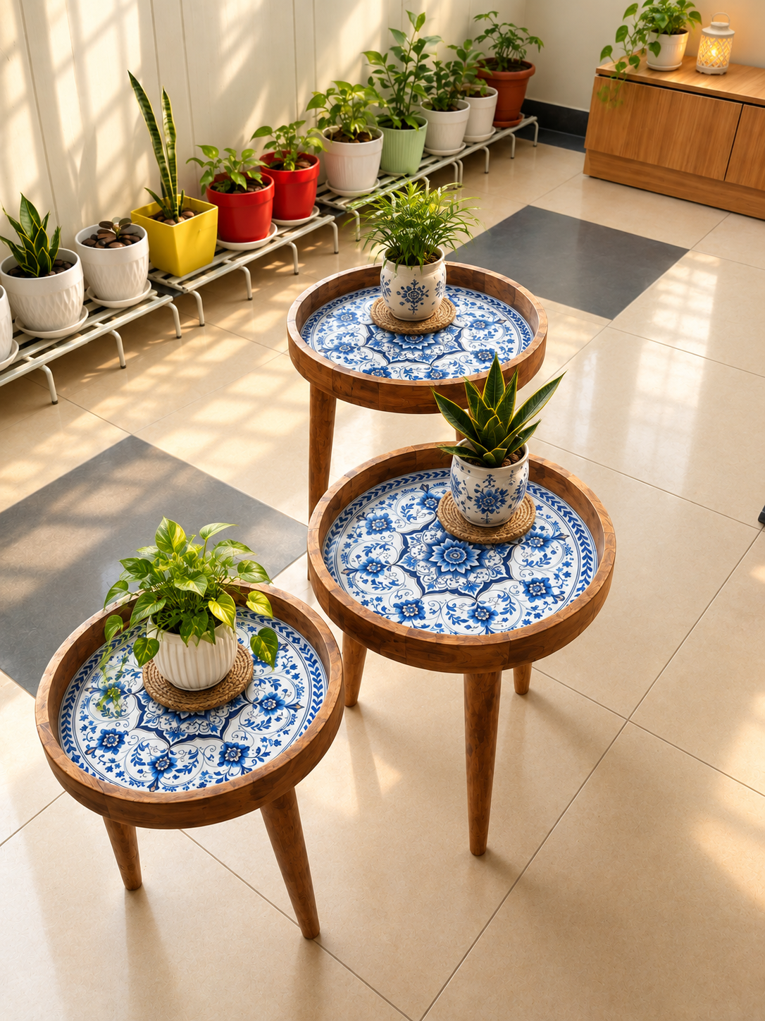 Blue Motif Design Wooden Side Table