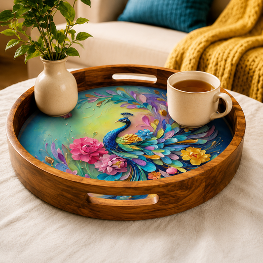 Rainbow Peacock Wooden Serving Tray with Handle