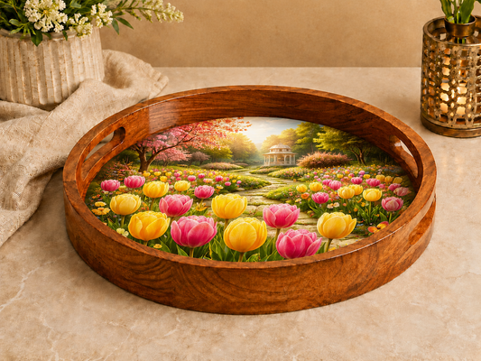 Tulip Garden Wooden Serving Tray with Handle