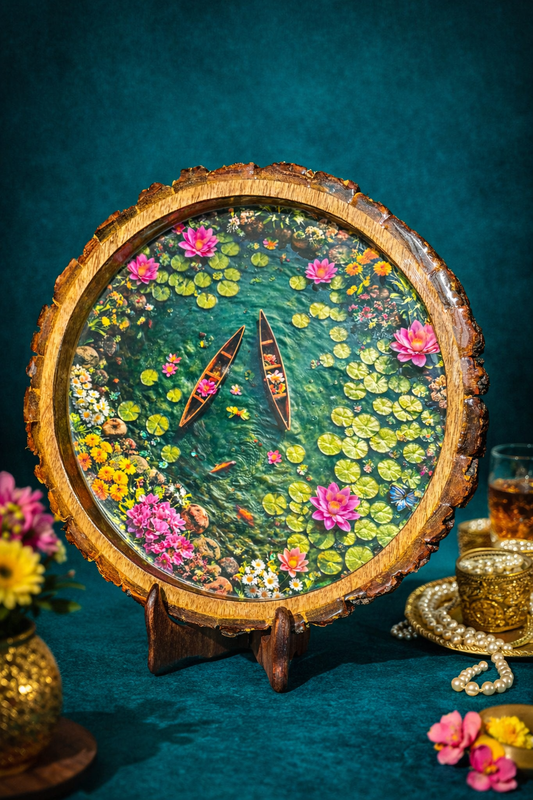 Handcrafted Lotus Pond Mango Wood Bark Edge Tray – 12 Inch Decorative Serving Tray