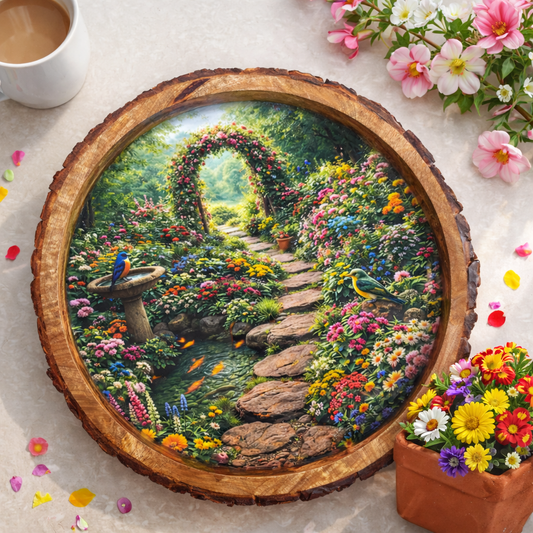 Handcrafted Nature Bird Design Mango Wood Bark Edge Tray – 12 Inch