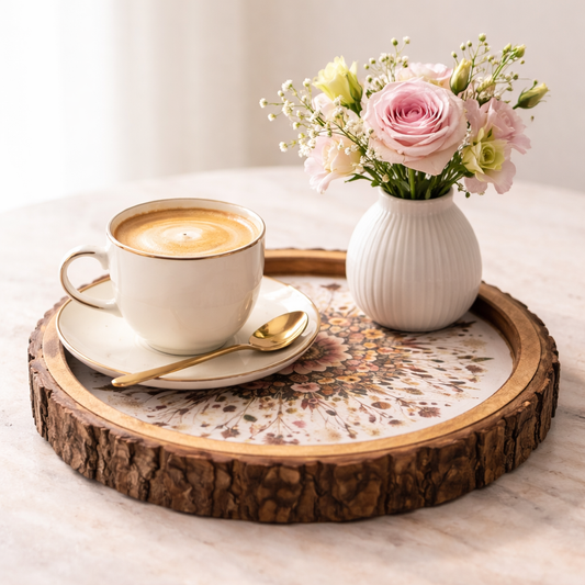 Handcrafted Floral Design Mango Wood Bark Edge Serving Tray – 12 Inch