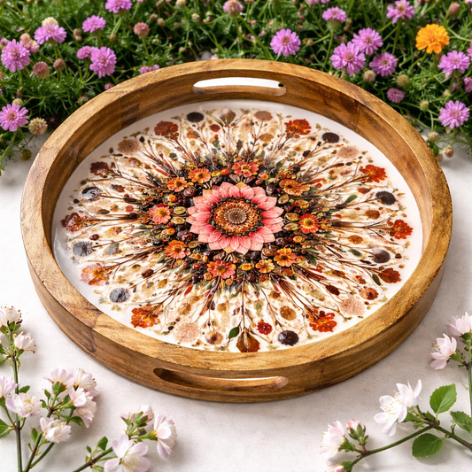 Floral Design Mango Wood Round Tray with Handle – 12 Inch