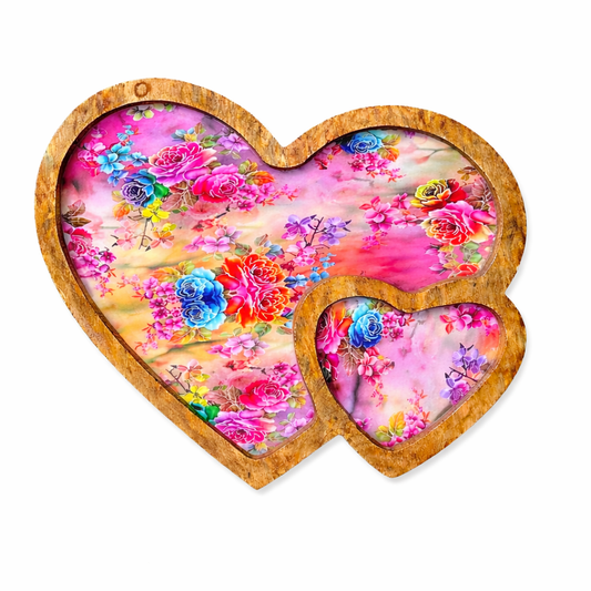 Handcrafted Pink & Blue Floral Wooden Double Heart Serving Tray – 10 Inch
