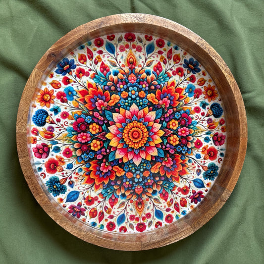 Handcrafted Floral Design Wooden Side Table