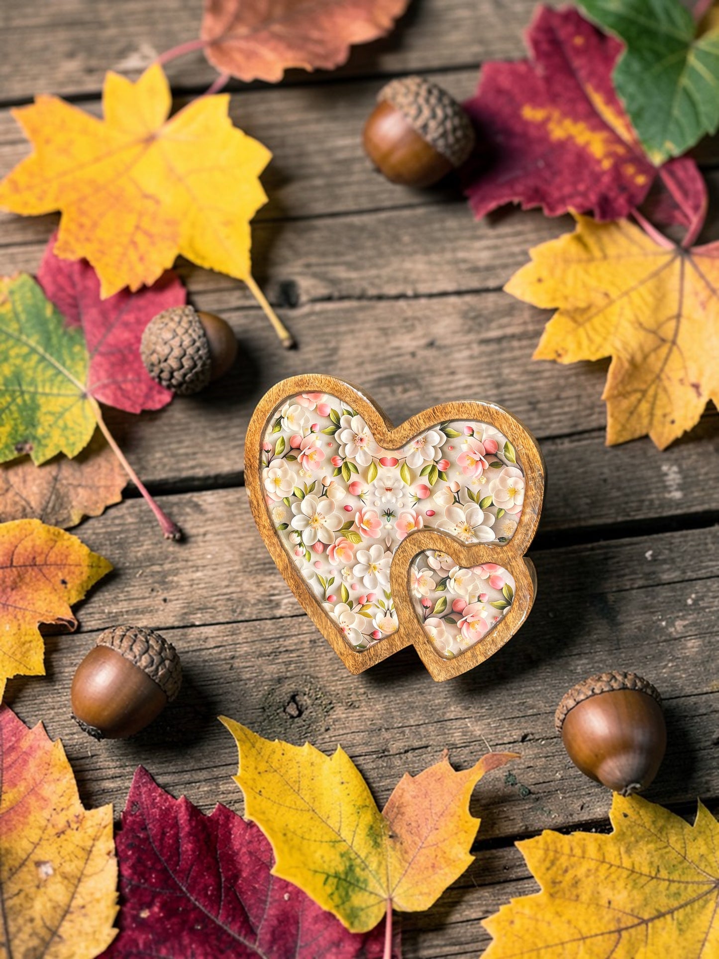 Handcrafted Pink & White Floral Wooden Double Heart Serving Tray – 10 Inch