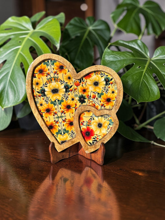 Handcrafted Yellow Floral Wooden Double Heart Serving Tray – 10 Inch
