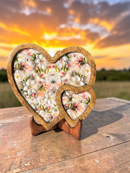 Handcrafted Pink & White Floral Wooden Double Heart Serving Tray – 10 Inch