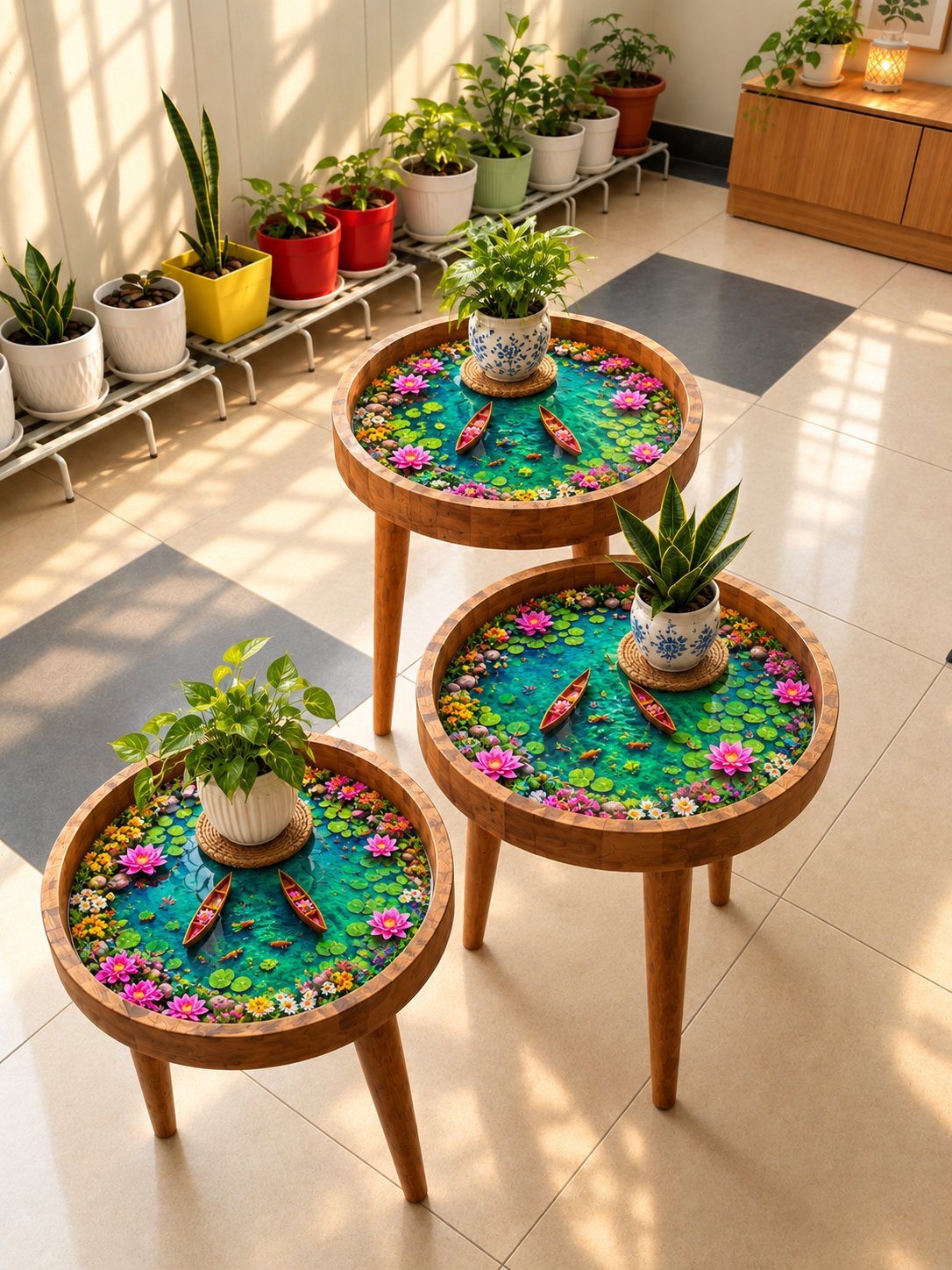 Lotus Pond Design Wooden Side Table