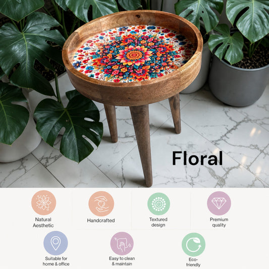 Top view of Floral side table showing the printed design