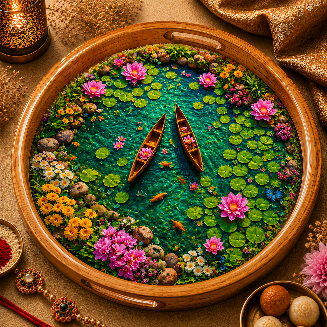 Lotus Pond Design Wooden Side Table