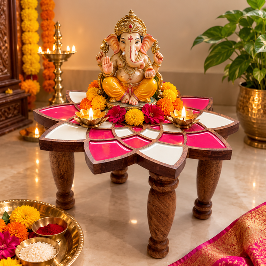 Handcrafted Lotus Wooden Pooja Chowki