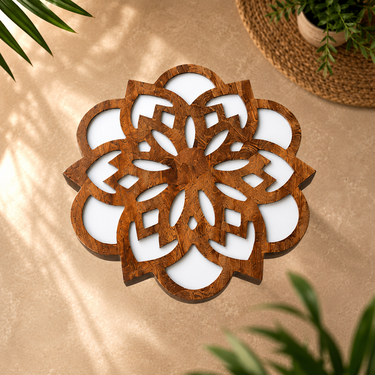 Pink Mandala Wooden Side Table – Handcrafted Floral Resin Accent Piece
