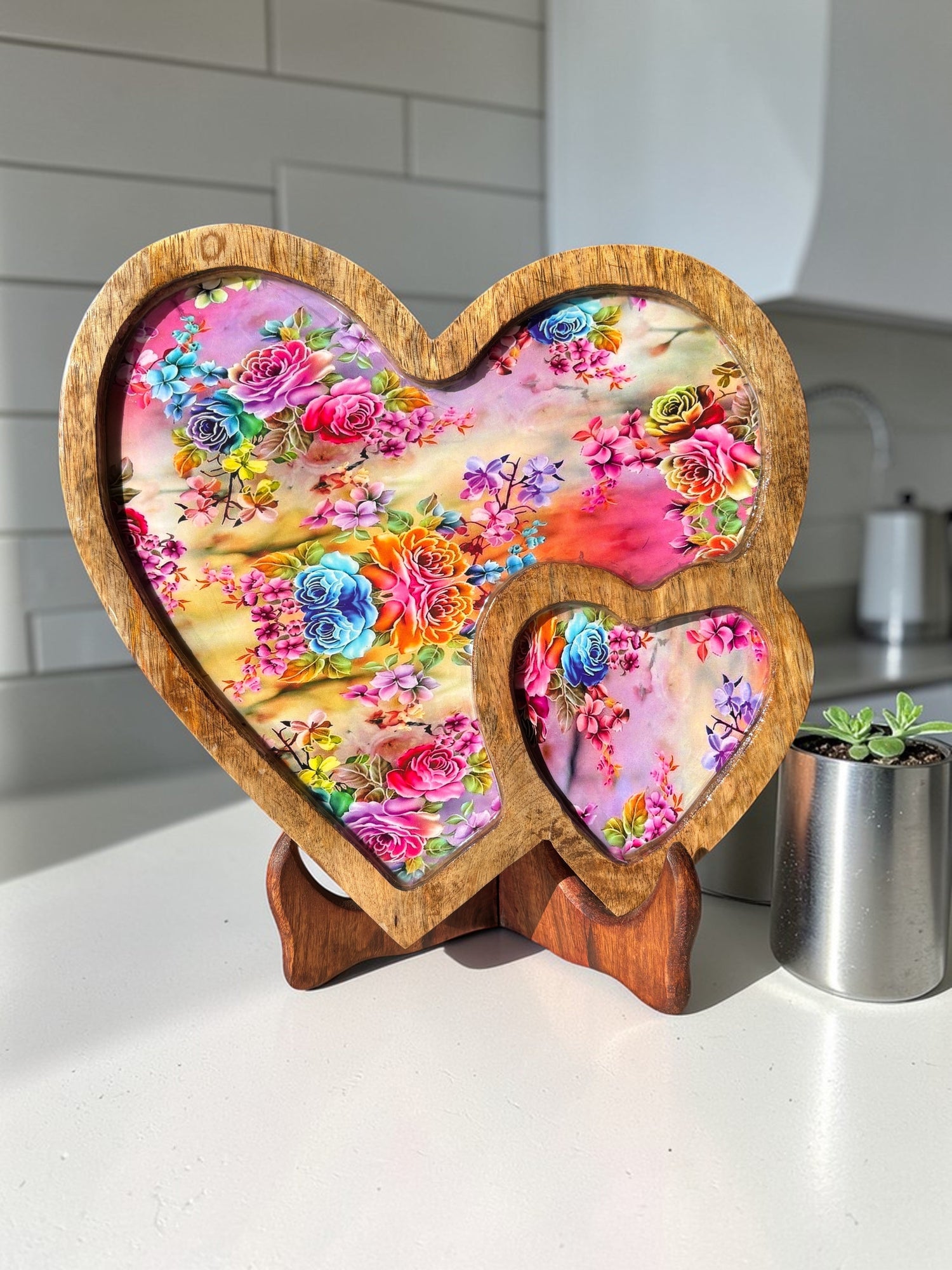Handcrafted Wooden Double Heart Trays