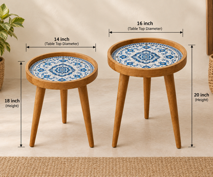Blue Motif Design Wooden Side Table