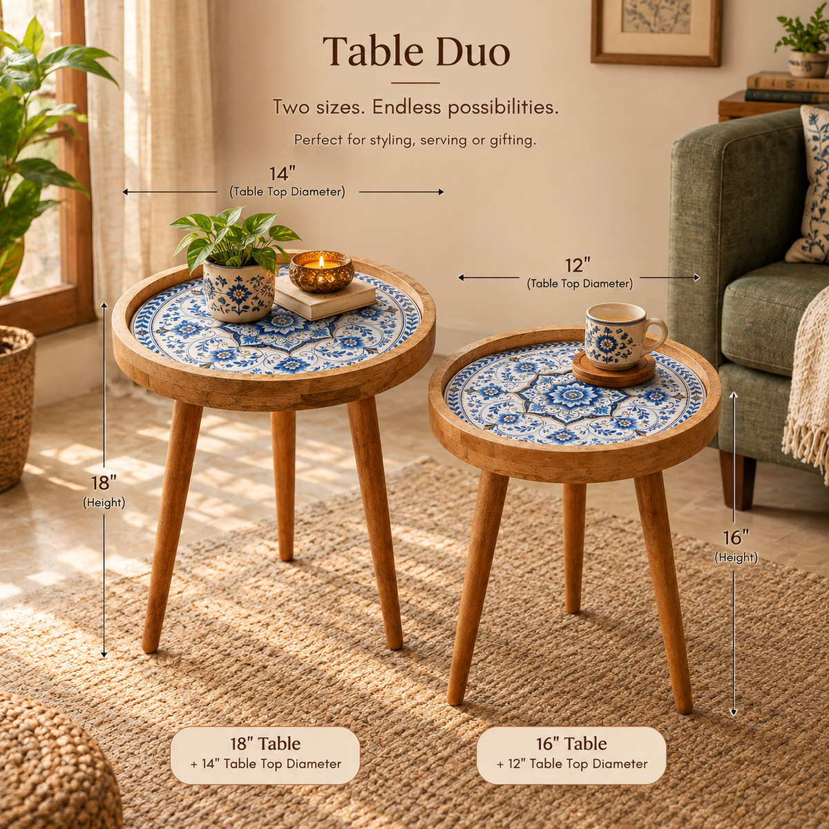 Blue Motif Design Wooden Side Table