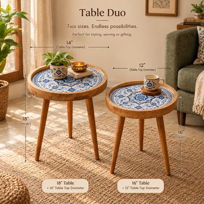 Blue Motif Design Wooden Side Table