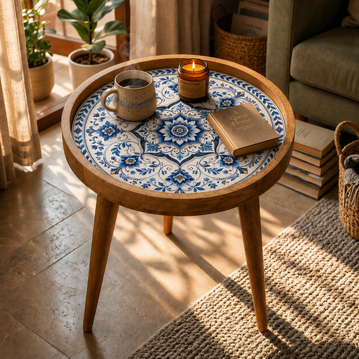 Blue Motif Design Wooden Side Table