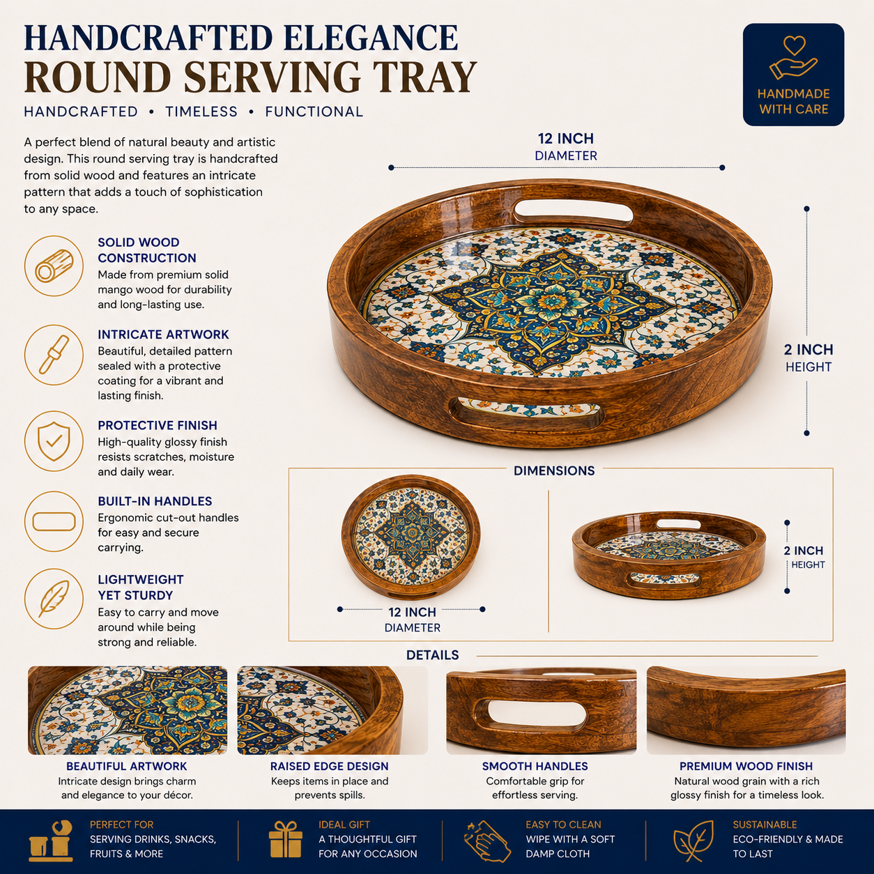 Blue Golden Motif Wooden Round Serving Tray with Handle