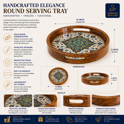 Blue Golden Motif Wooden Round Serving Tray with Handle