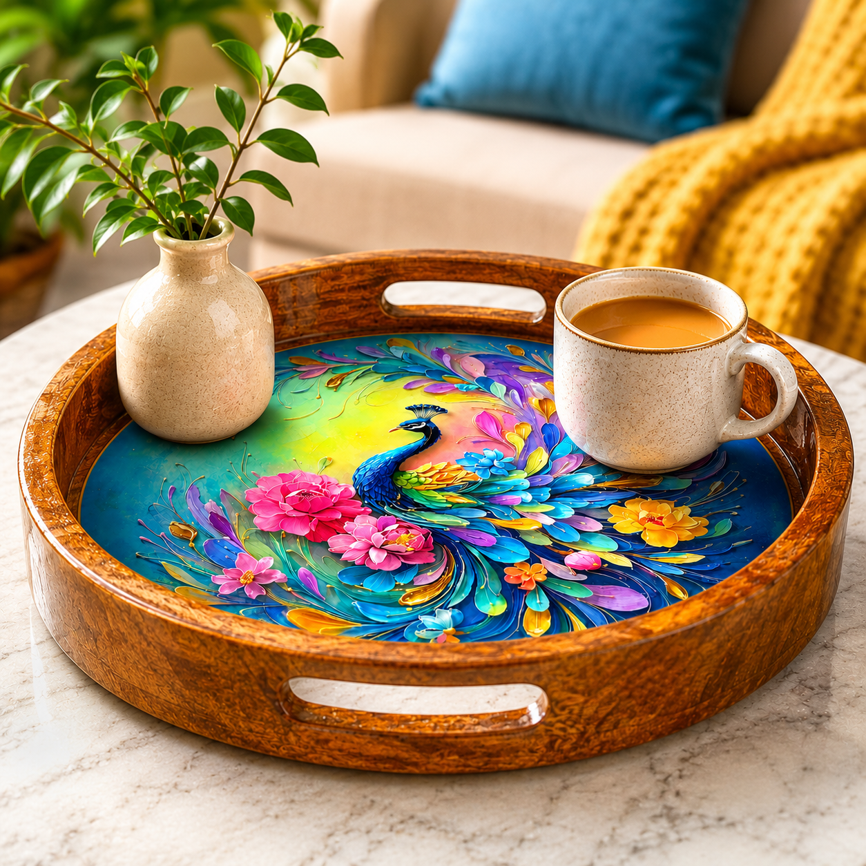 Rainbow Peacock Design Wooden Side Table