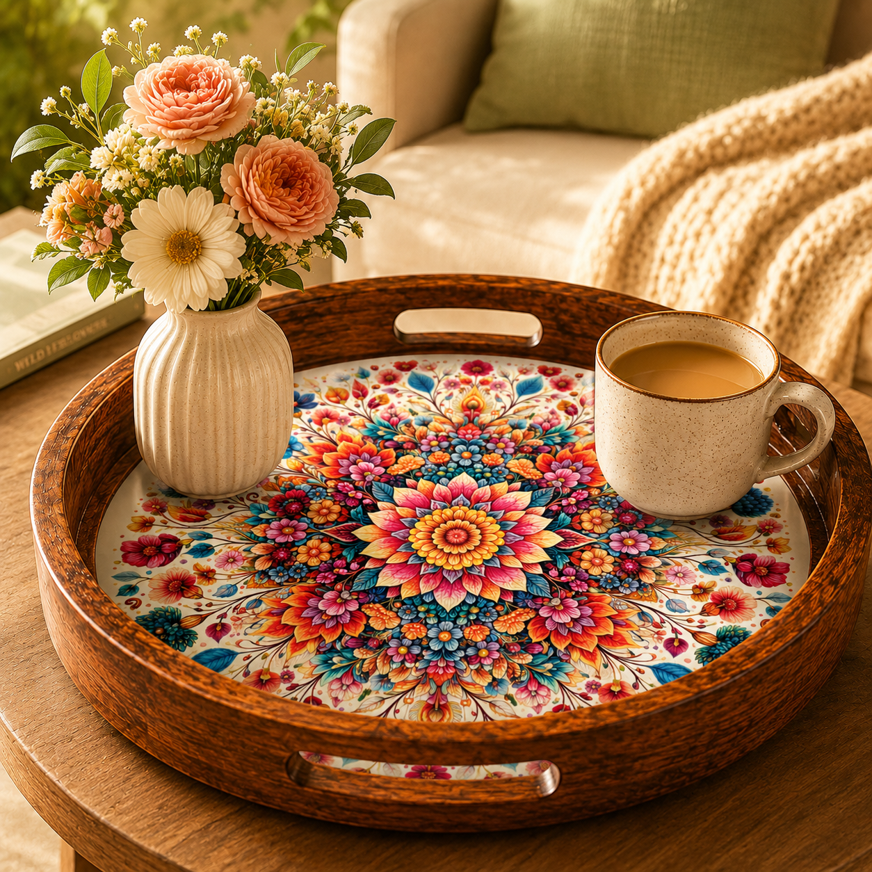 Floral Design Wooden Side Table