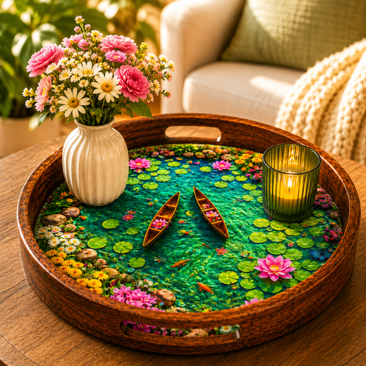 Lotus Pond Design Wooden Round Serving Tray with Handle