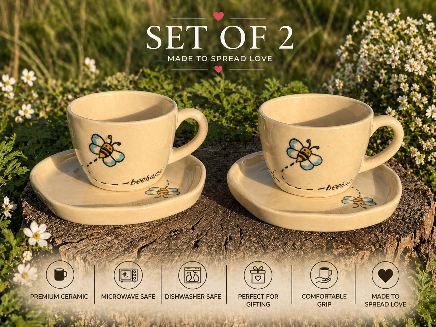 Bee Happy Cup and Saucer Set – 220 ml
