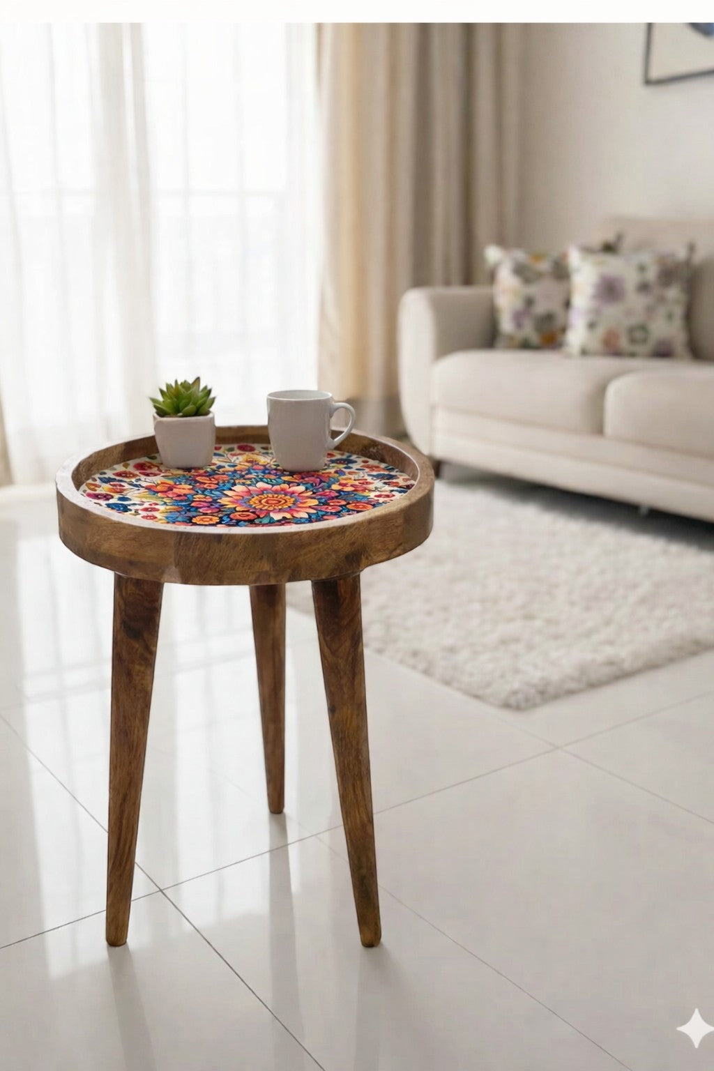 Floral Design Wooden Side Table