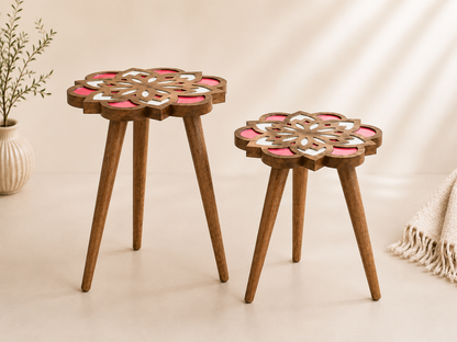 Pink Mandala Wooden Side Table – Handcrafted Floral Resin Accent Piece