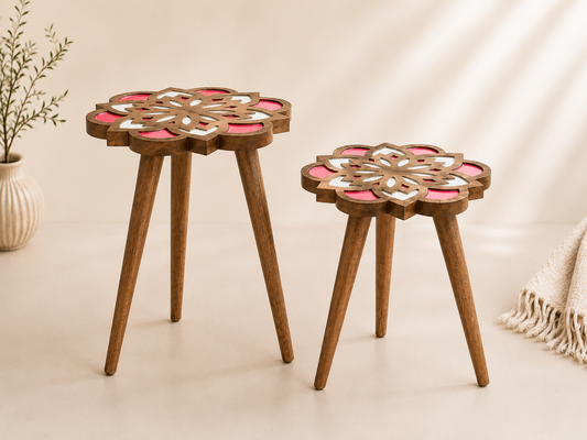 Pink Mandala Wooden Side Table – Handcrafted Floral Resin Accent Piece