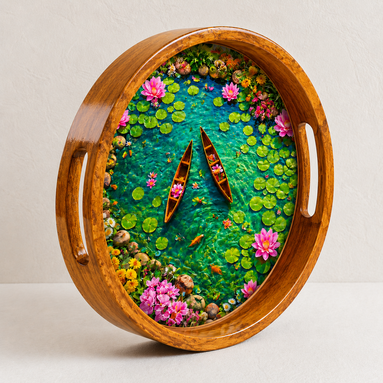 Lotus Pond Design Wooden Round Serving Tray with Handle