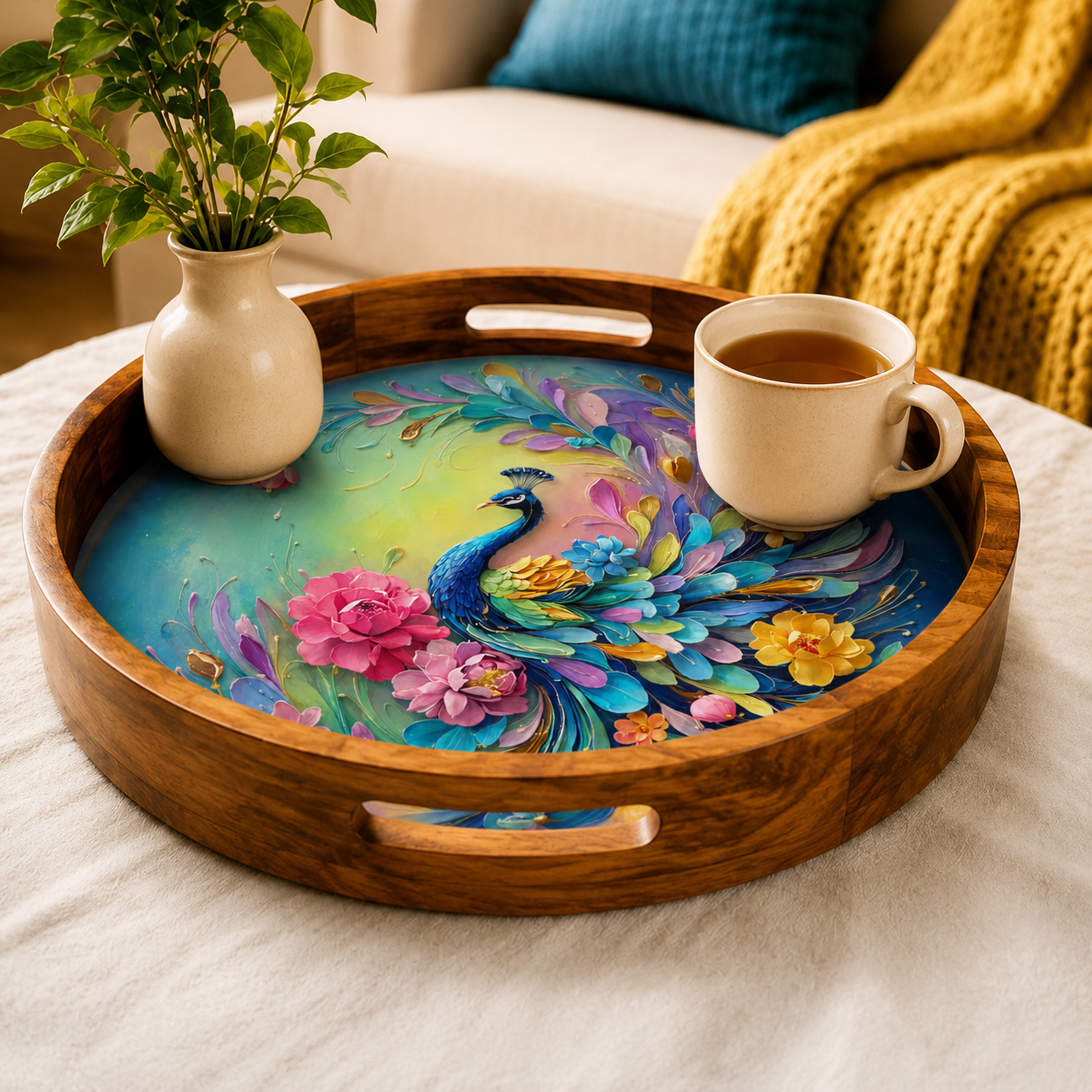 Rainbow Peacock Natural Bark Edge Trays
