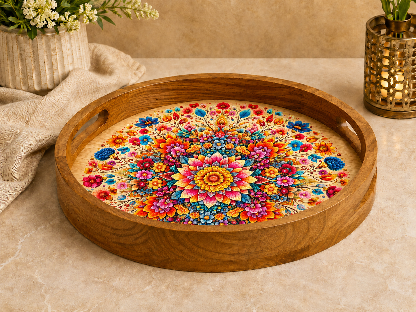 Floral Design Wooden Round Tray with Handle