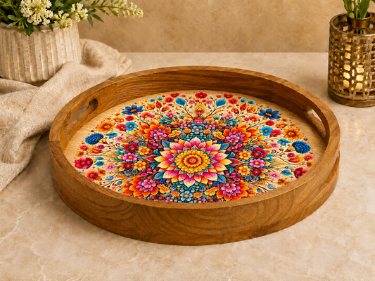 Floral Design Wooden Round Tray with Handle