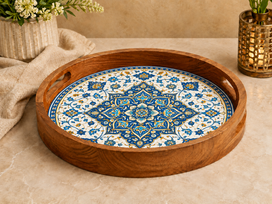 Blue Golden Motif Wooden Round Serving Tray with Handle