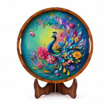 Rainbow Peacock Wooden Serving Tray with Handle