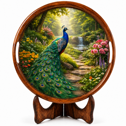 Peacock Garden Wooden Serving Tray with Handle