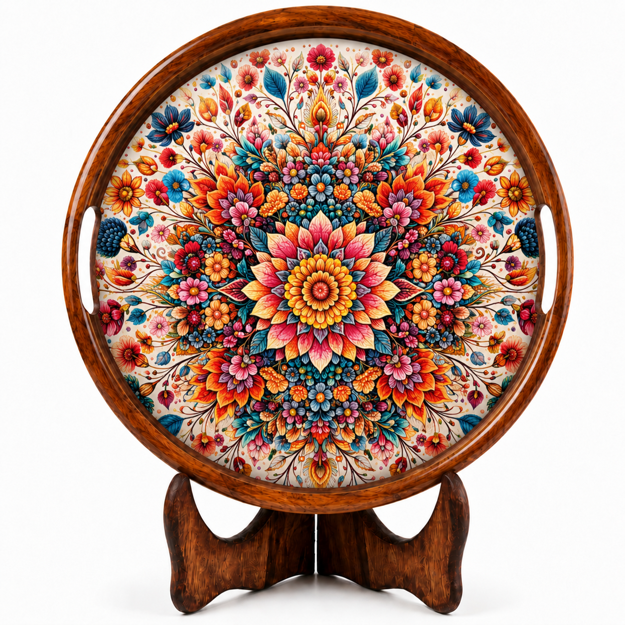 Floral Design Wooden Round Tray with Handle