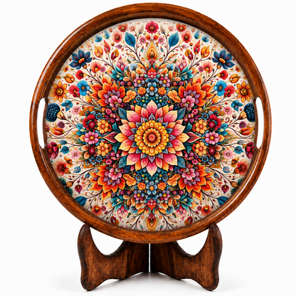Floral Design Wooden Round Tray with Handle