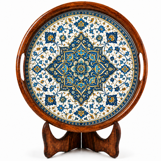 Blue Golden Motif Wooden Round Serving Tray with Handle