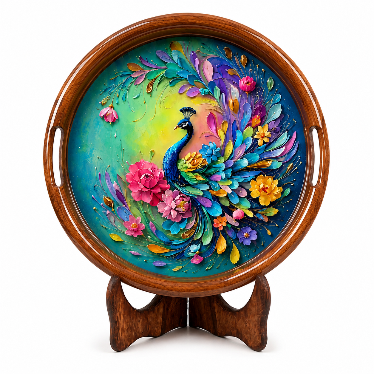 Rainbow Peacock Wooden Serving Tray with Handle