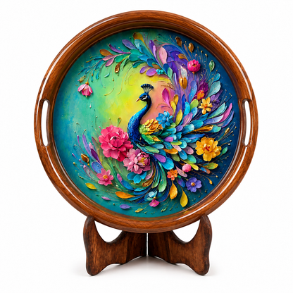 Rainbow Peacock Wooden Serving Tray with Handle