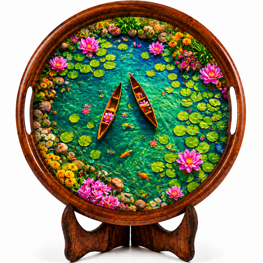 Lotus Pond Design Wooden Round Serving Tray with Handle
