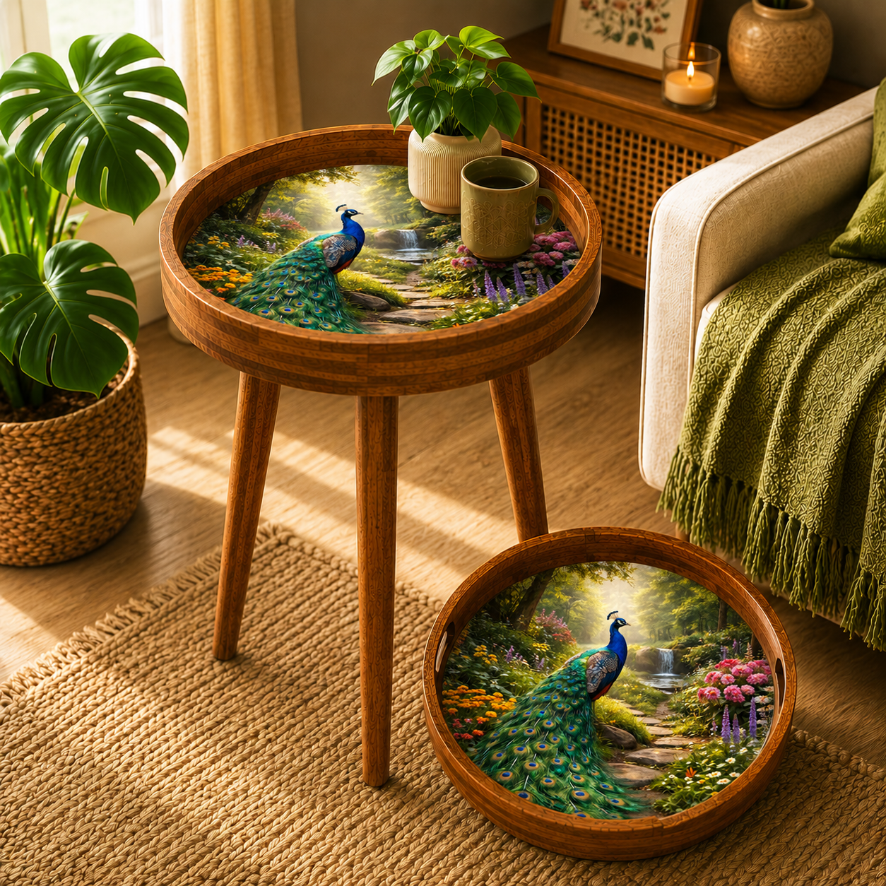Peacock Design Wooden Side Table