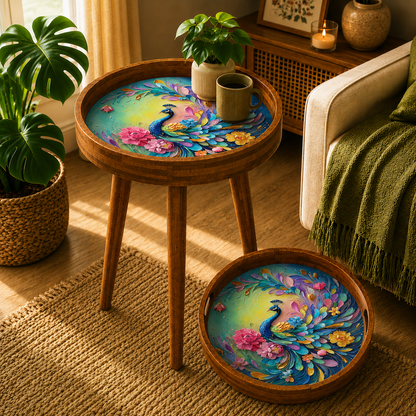 Rainbow Peacock Design Wooden Side Table