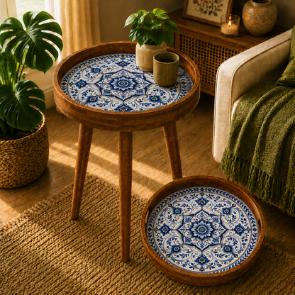 Blue Golden Motif Wooden Round Serving Tray with Handle