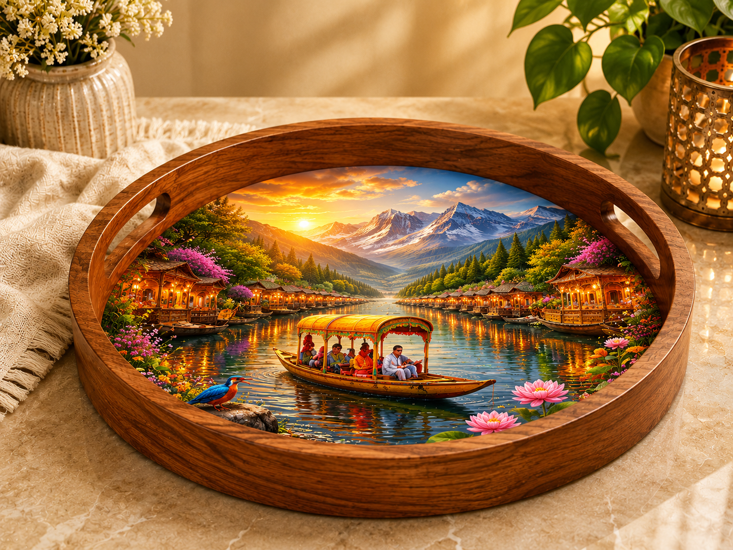 Dal Lake Wooden Serving Tray with Handle
