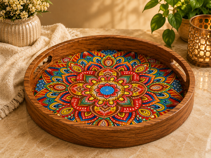 Mandala Art Wooden Serving Tray with Handle