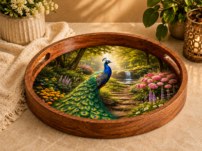 Peacock Garden Wooden Serving Tray with Handle